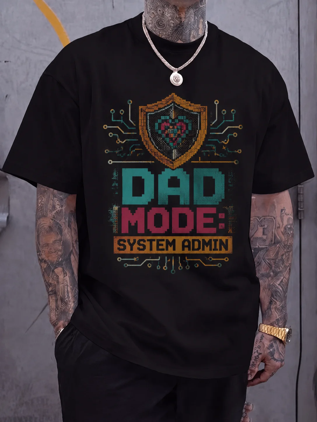 Men Graphic Tee Short Sleeve Loose Fit Dad Fashion System Admin Pixel Shield Print Retro Tech Circuit Board Style Streetwear
Men Graphic Tee Short Sleeve Loose Fit Dad Fashion System Admin Pixel Shield Print Retro Tech Circuit Board Style Streetwear