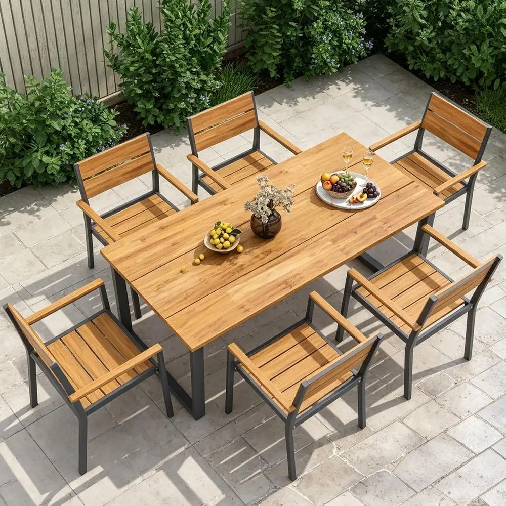 69 x 32 Acacia Wood Patio Dining Set with 6 Stackable Chairs and Umbrella Hole
69 x 32 Acacia Wood Patio Dining Set with 6 Stackable Chairs and Umbrella Hole