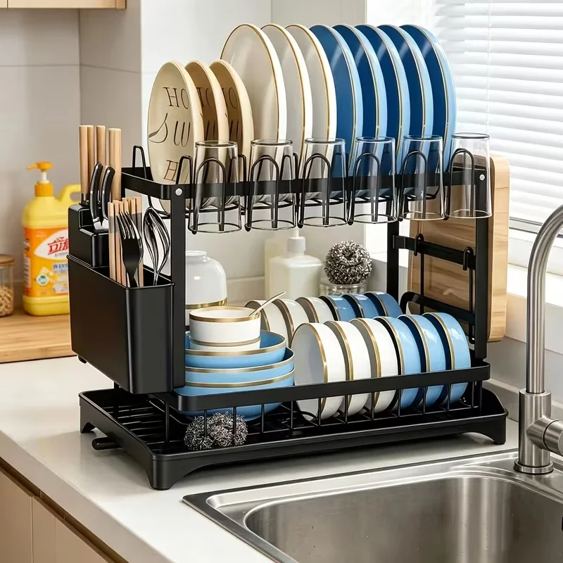 2-Tier Dish Drying Rack with 360° Rotatable Drainage Tray, Large Capacity Kitchen Countertop Organizer with Utensil Holder
2-Tier Dish Drying Rack with 360° Rotatable Drainage Tray, Large Capacity Kitchen Countertop Organizer with Utensil Holder