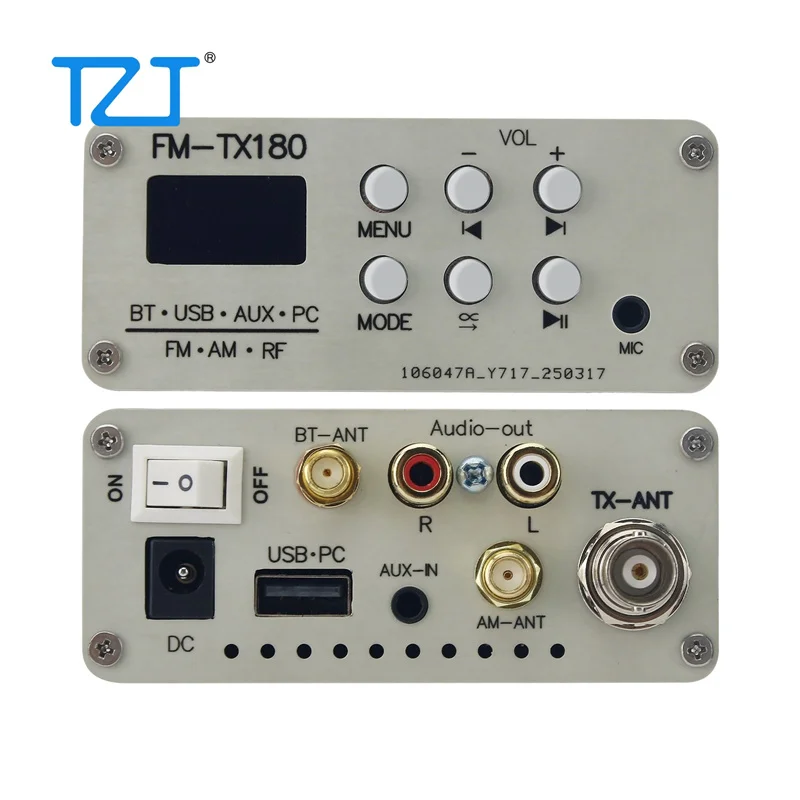 TZT FM-TX180 75MHz-108MHz Bluetooth Stereo FM Radio Transmitter with 0.96-inch OLED Screen AM Shortwave Signal Transmitter
TZT FM-TX180 75MHz-108MHz Bluetooth Stereo FM Radio Transmitter with 0.96-inch OLED Screen AM Shortwave Signal Transmitter
