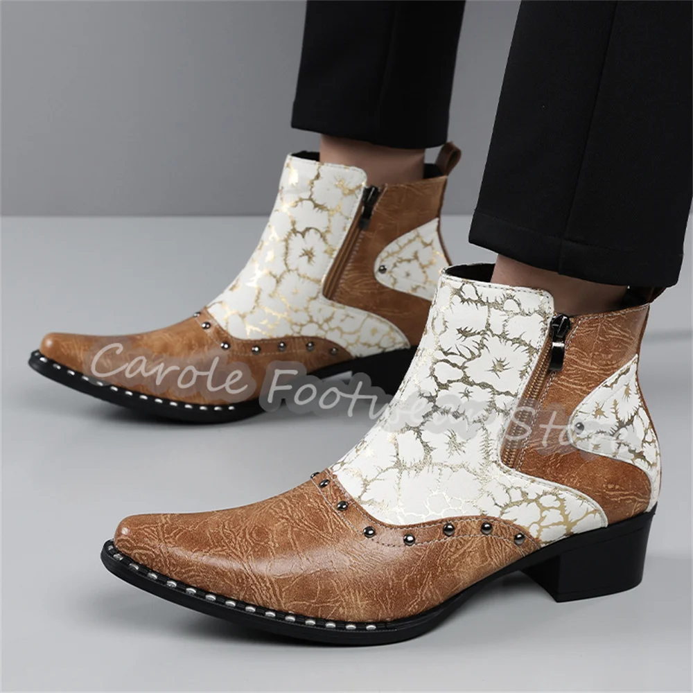 Male Western Cowboy Ankle Boots Mixed Color Prints Rivet Decor Side Zipper Chelsea Boots Wedding Party Dress Shoes for Men
Male Western Cowboy Ankle Boots Mixed Color Prints Rivet Decor Side Zipper Chelsea Boots Wedding Party Dress Shoes for Men
