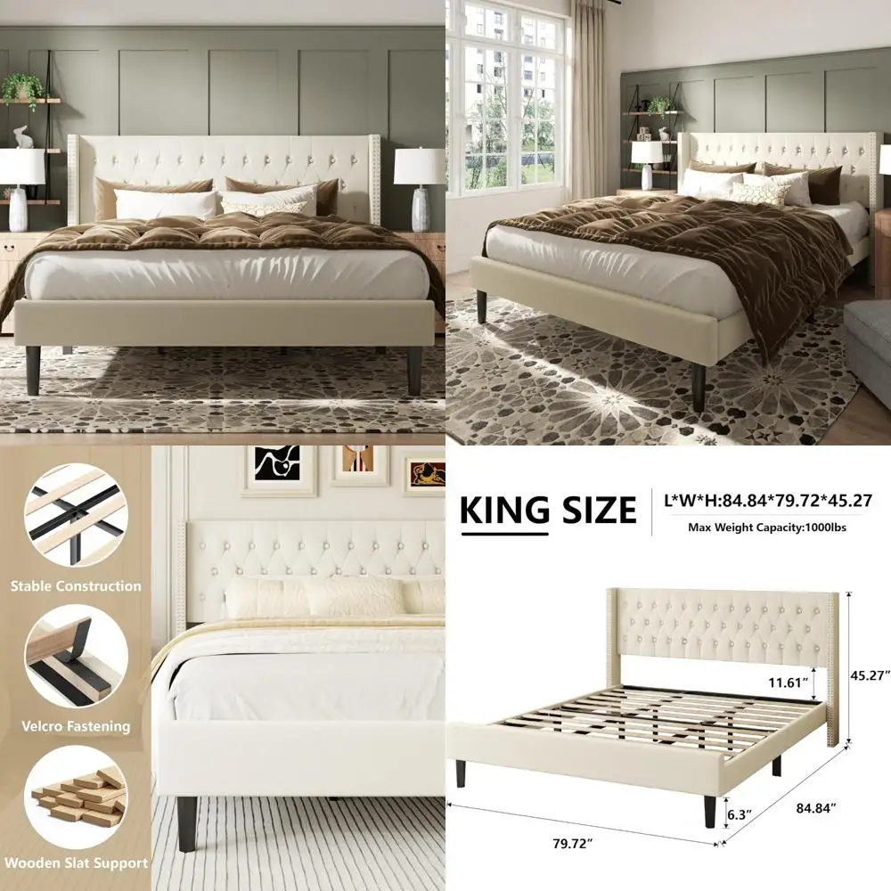 King-Sized Upholstered Velvet Platform Bed with Wingback Headboard, Button Tufted Design, Easy Assembly, No Box Spring Required
King-Sized Upholstered Velvet Platform Bed with Wingback Headboard, Button Tufted Design, Easy Assembly, No Box Spring Required