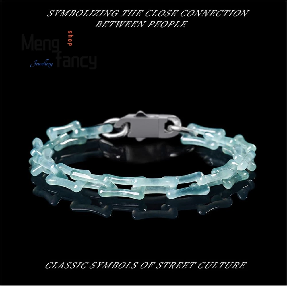 Natural A-grade Jadeite Blue Water Snake Bone Bracelet Ice Jade Steel Titanium Hip-hop Personalized Trendy Couple Luxury Jewelry
Natural A-grade Jadeite Blue Water Snake Bone Bracelet Ice Jade Steel Titanium Hip-hop Personalized Trendy Couple Luxury Jewelry