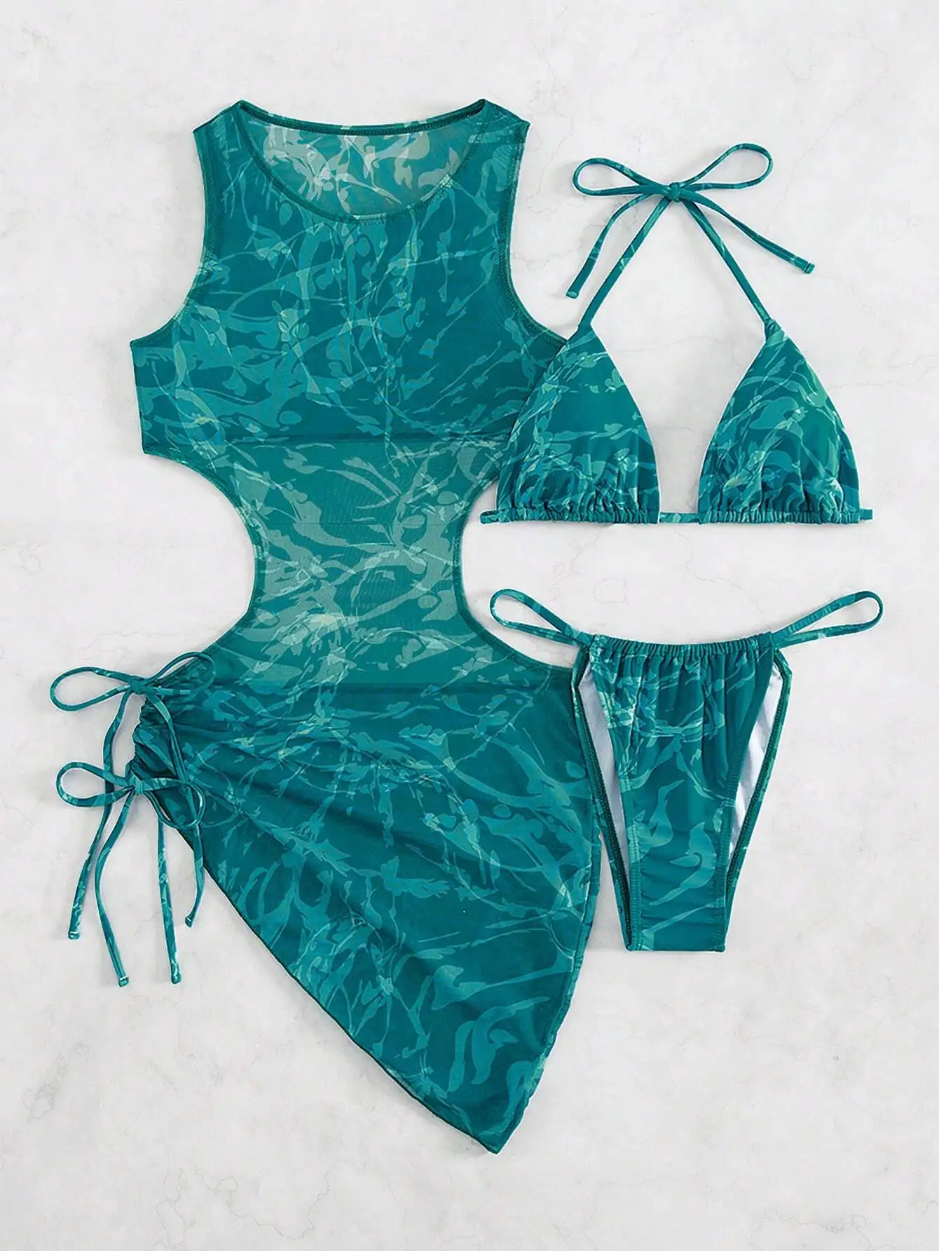 Women's Green Tie Dye Halter Neck Bikini Set With Sheer Cover Up Dress
Women's Green Tie Dye Halter Neck Bikini Set With Sheer Cover Up Dress