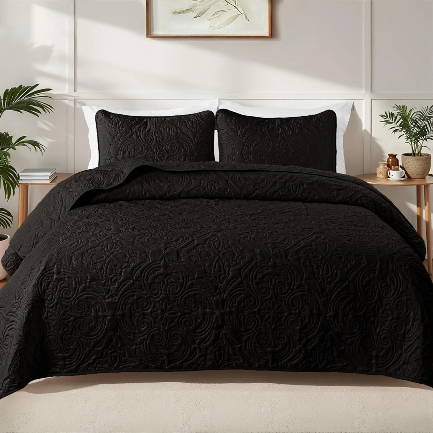 Oversized King Quilt Set with 2 Pillow Shams, Lightweight Black Damask Pattern Bedspread, Soft Cal King Coverlet for All Seasons
Oversized King Quilt Set with 2 Pillow Shams, Lightweight Black Damask Pattern Bedspread, Soft Cal King Coverlet for All Seasons