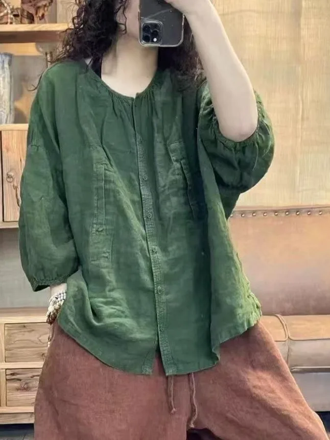 Ретро-рубашка из льна с круглым вырезом, свободного кроя, для женщин, весна-лето, новая, удобная, универсальная
Ретро-рубашка из льна с круглым вырезом, свободного кроя, для женщин, весна-лето, новая, удобная, универсальная