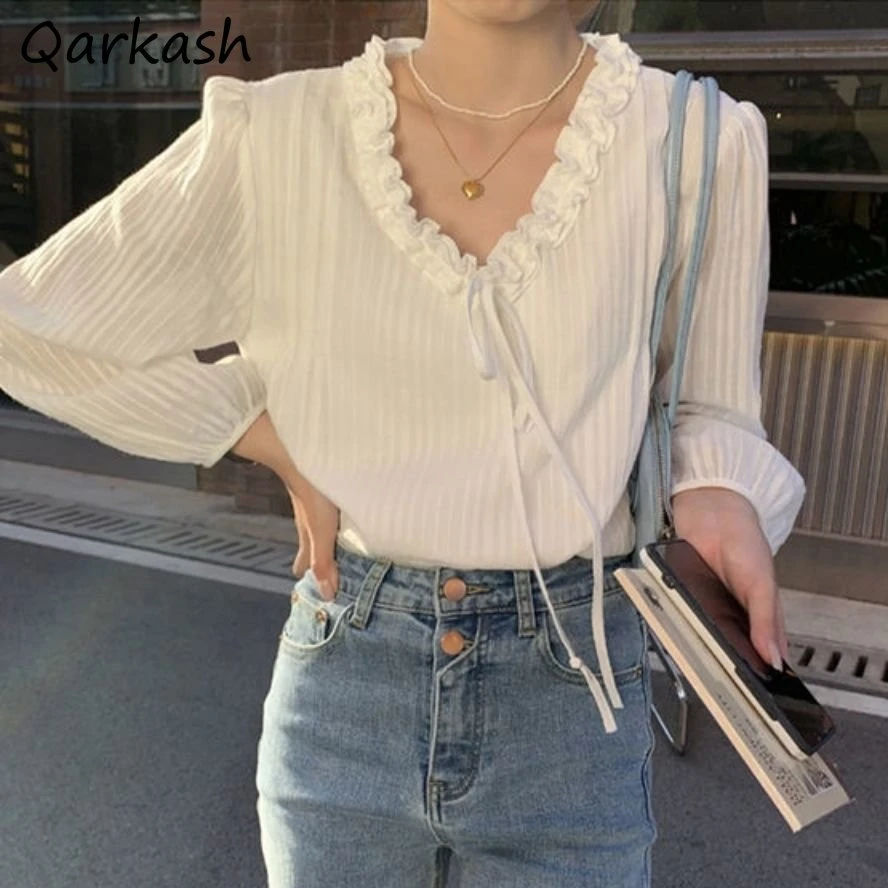 Блузки для женщин, однотонные белые базовые элегантные топы на шнуровке с длинными рукавами, Blusas Ropa Mujer, минималистичный корейский стиль, универсальные весенние
Блузки для женщин, однотонные белые базовые элегантные топы на шнуровке с длинными рукавами, Blusas Ropa Mujer, минималистичный корейский стиль, универсальные весенние