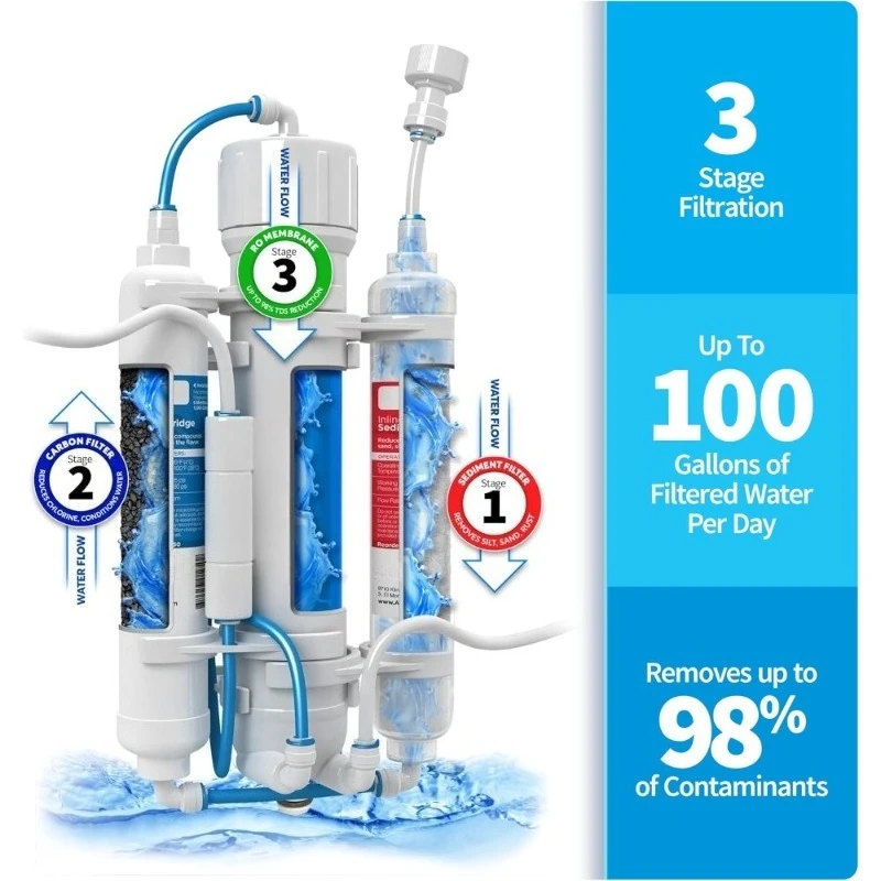 Система обратного осмоса (RO) для аквариума, 3 ступени очистки, 100 галлонов в сутки
Система обратного осмоса (RO) для аквариума, 3 ступени очистки, 100 галлонов в сутки