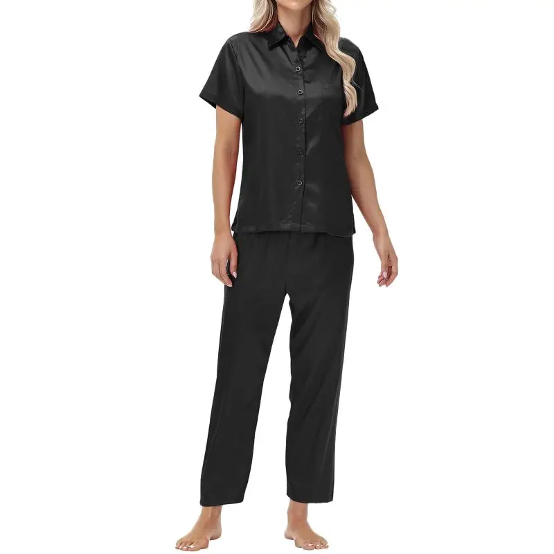 Роскошный атласный сенсорный пижамный комплект в европейском стиле, женский комплект с воротником рубашки и короткими рукавами + брюки, дышащий комплект одежды для дома 
Роскошный атласный сенсорный пижамный комплект в европейском стиле, женский комплект с воротником рубашки и короткими рукавами + брюки, дышащий комплект одежды для дома