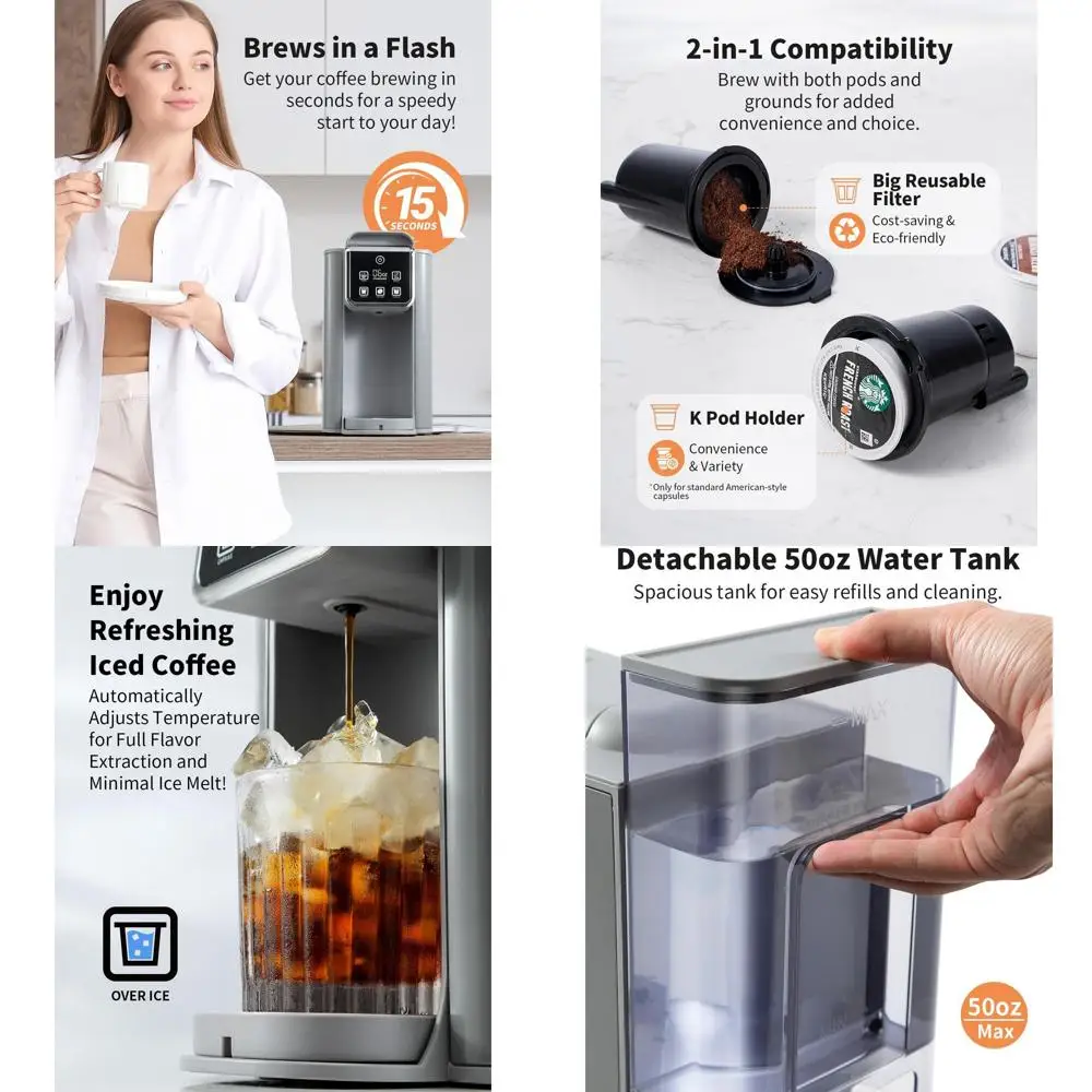 Single Serve Coffee Maker for K-Cup and Grounds, Bold Brew Settings, 6-14 Oz Sizes, 50 Oz Tank, Reusable Filter, Grey
Single Serve Coffee Maker for K-Cup and Grounds, Bold Brew Settings, 6-14 Oz Sizes, 50 Oz Tank, Reusable Filter, Grey