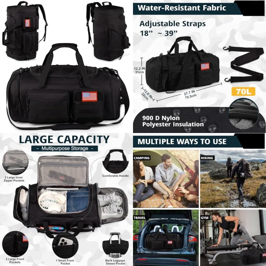 Tactical Gym Bag for Men 70L 3 in 1 Sports Duffle Bag with Shoes Compartment for Travel, Water Resistant Travel Backpack Weeken
Tactical Gym Bag for Men 70L 3 in 1 Sports Duffle Bag with Shoes Compartment for Travel, Water Resistant Travel Backpack Weeken