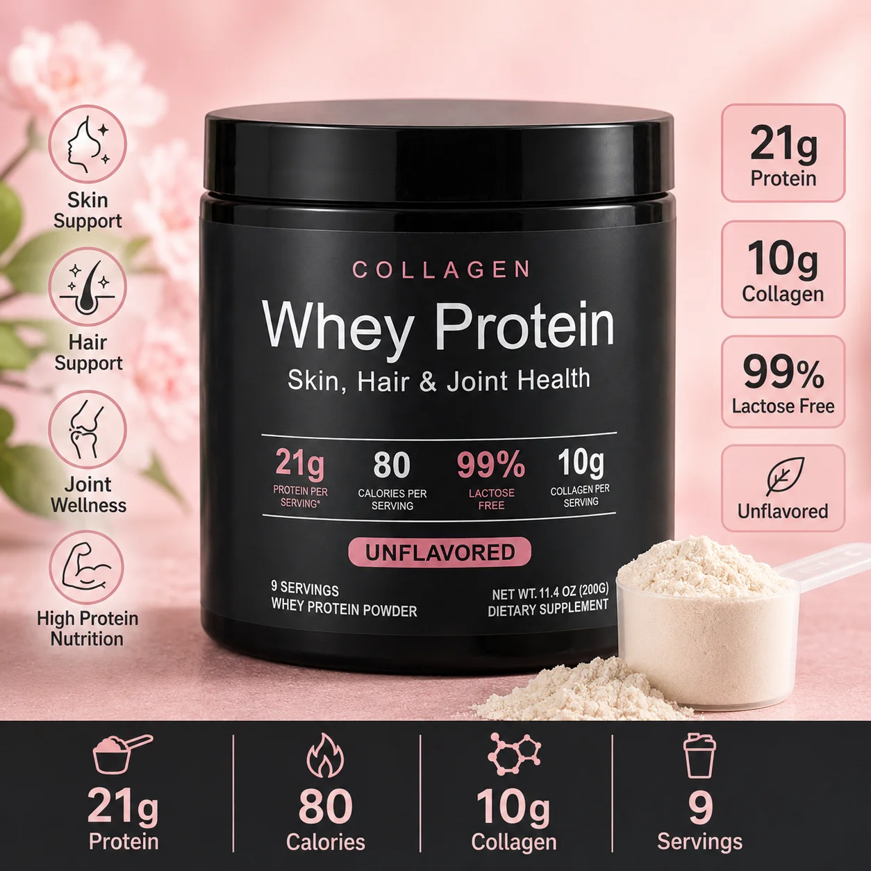 Collagen Whey Protein Powder 21g Protein 10g Collagen Peptides, Unflavored 99% Lactose Free Fitness Nutrition Shake 9 Servings
Collagen Whey Protein Powder 21g Protein 10g Collagen Peptides, Unflavored 99% Lactose Free Fitness Nutrition Shake 9 Servings