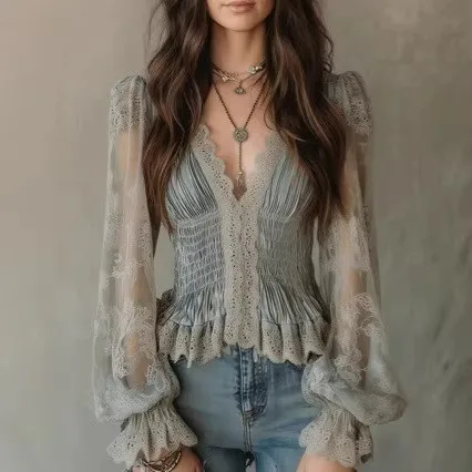 Elegant Blouse V Neck Short Sleeve Flare Sleeve Blouses Peplum Hem Sheer Long Sleeve Top Ruffled Cuff Smocked Bodice Shirt
Elegant Blouse V Neck Short Sleeve Flare Sleeve Blouses Peplum Hem Sheer Long Sleeve Top Ruffled Cuff Smocked Bodice Shirt