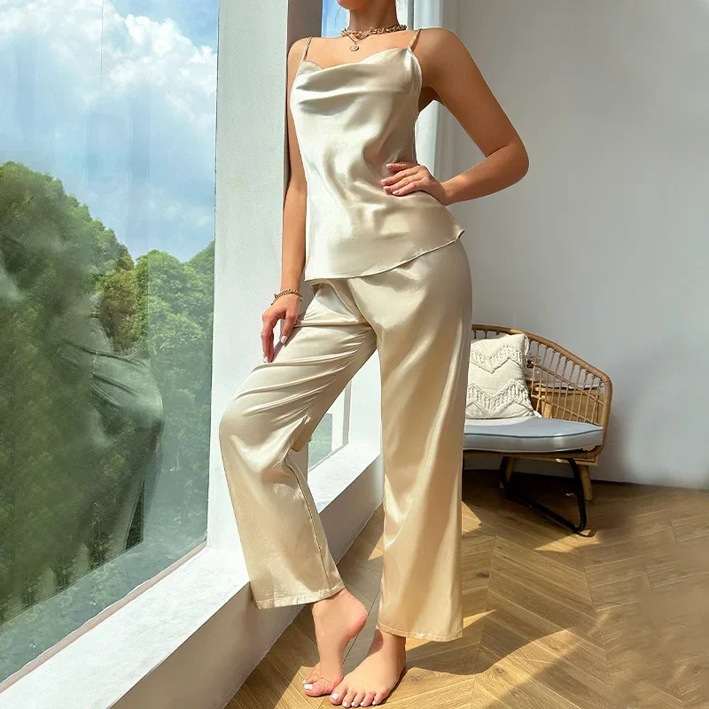 Two-piece Suit Ice Silk Sleepwear Women Sleeveless Top Pants Pajama Sets Sexy Loungewear Thin Summer Chic Nightwear New
Two-piece Suit Ice Silk Sleepwear Women Sleeveless Top Pants Pajama Sets Sexy Loungewear Thin Summer Chic Nightwear New