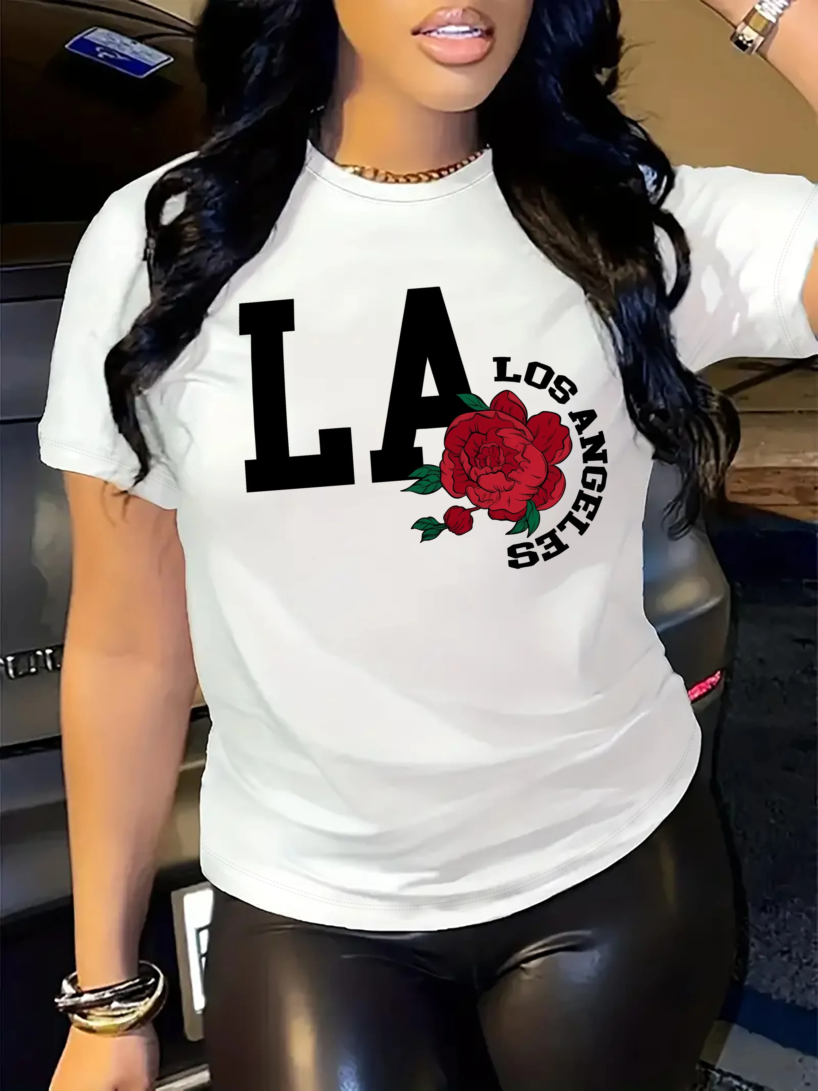 Rose & Letter Print T-Shirt, Casual Crew Neck Short Sleeve Top For Spring & Summer, Women's Clothing women t shirt
Rose & Letter Print T-Shirt, Casual Crew Neck Short Sleeve Top For Spring & Summer, Women's Clothing women t shirt