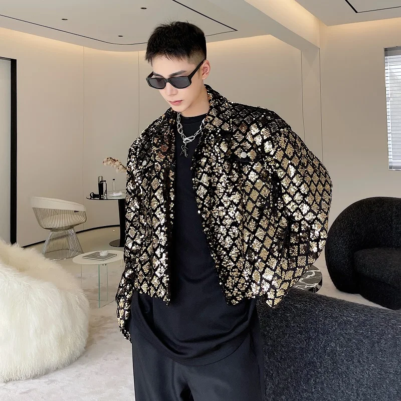 Jacket men's lapel zipper short irregular shape gold black sequined suit design sense fashionable versatile loose spring style
Jacket men's lapel zipper short irregular shape gold black sequined suit design sense fashionable versatile loose spring style