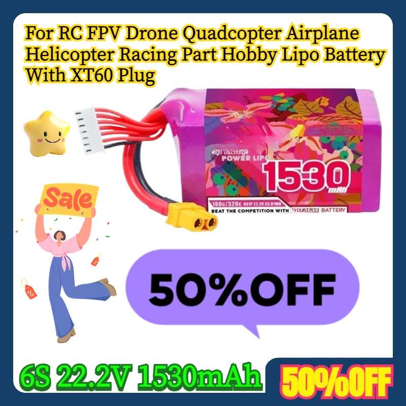 For RC FPV Drone Quadcopter Airplane Helicopter Racing Part Hobby 6S 22.2V 1530mAh Lipo Battery With XT60 Plug
For RC FPV Drone Quadcopter Airplane Helicopter Racing Part Hobby 6S 22.2V 1530mAh Lipo Battery With XT60 Plug