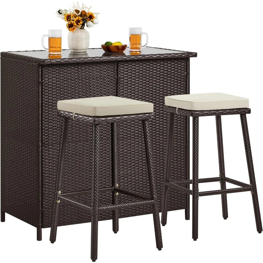 3pcs Outdoor Bar Set, Patio Wicker Bar Furniture with 2 Storage Shelves, Glass Top Table, Cushions and Two Stools
3pcs Outdoor Bar Set, Patio Wicker Bar Furniture with 2 Storage Shelves, Glass Top Table, Cushions and Two Stools