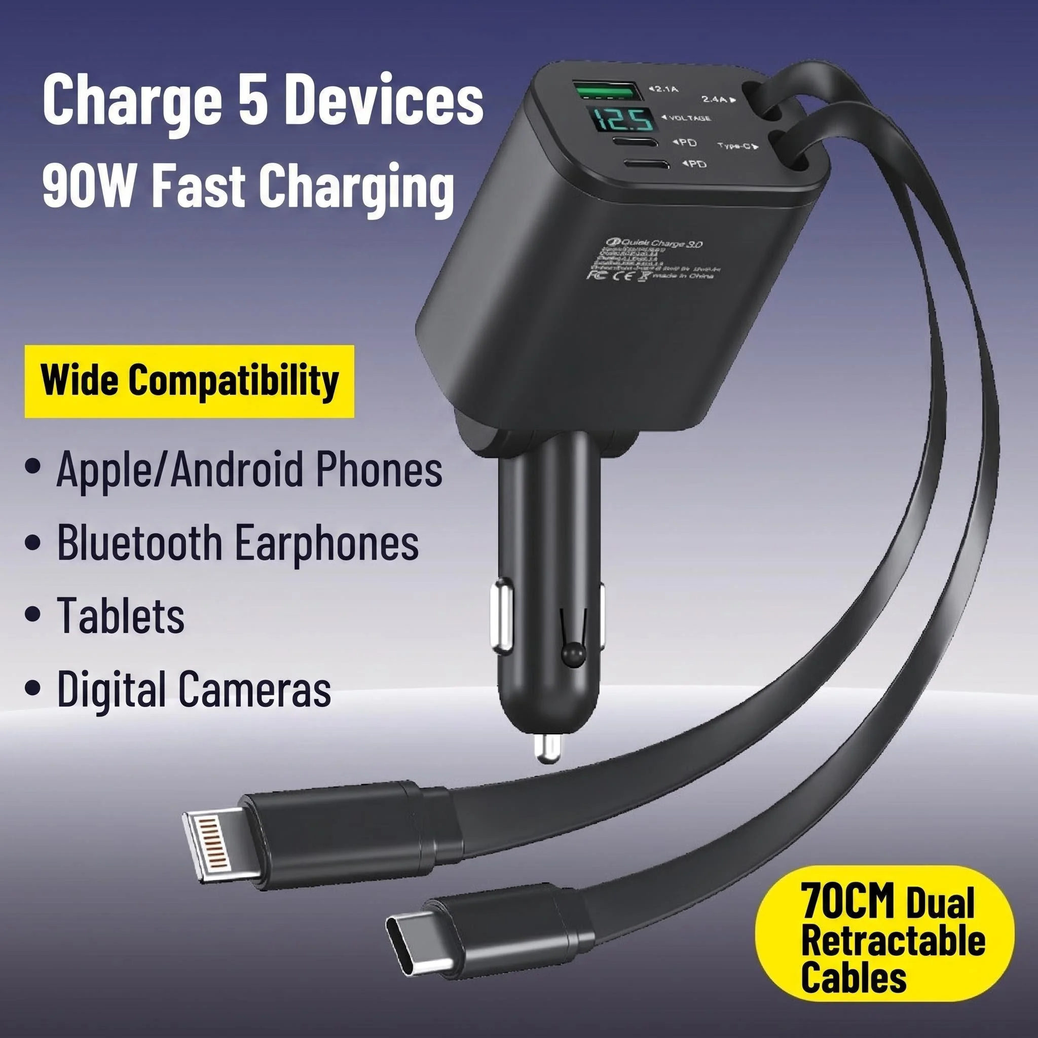 5 in 1 Car Charger Retractable Cable 90W 84W 80W Super Fast Charging PD QC3.0 LED Voltage Display Cigarette Lighter Adapter
5 in 1 Car Charger Retractable Cable 90W 84W 80W Super Fast Charging PD QC3.0 LED Voltage Display Cigarette Lighter Adapter