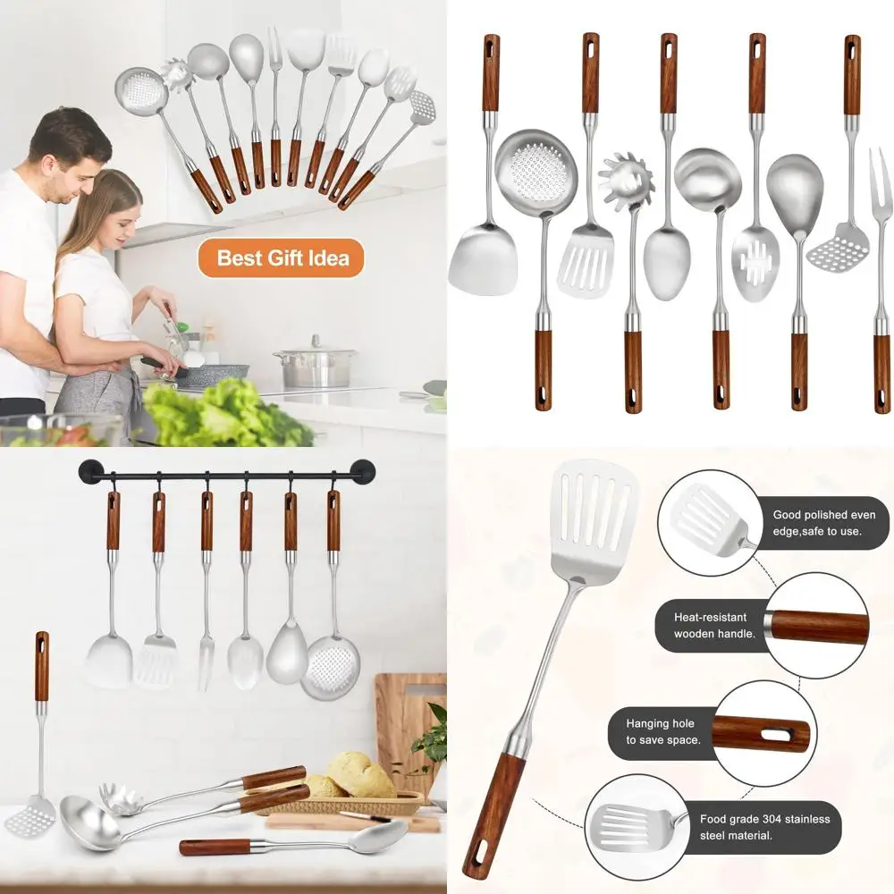 Термостойкая кухонная утварь из нержавеющей стали, 10 предметов с деревянными ручками
Термостойкая кухонная утварь из нержавеющей стали, 10 предметов с деревянными ручками