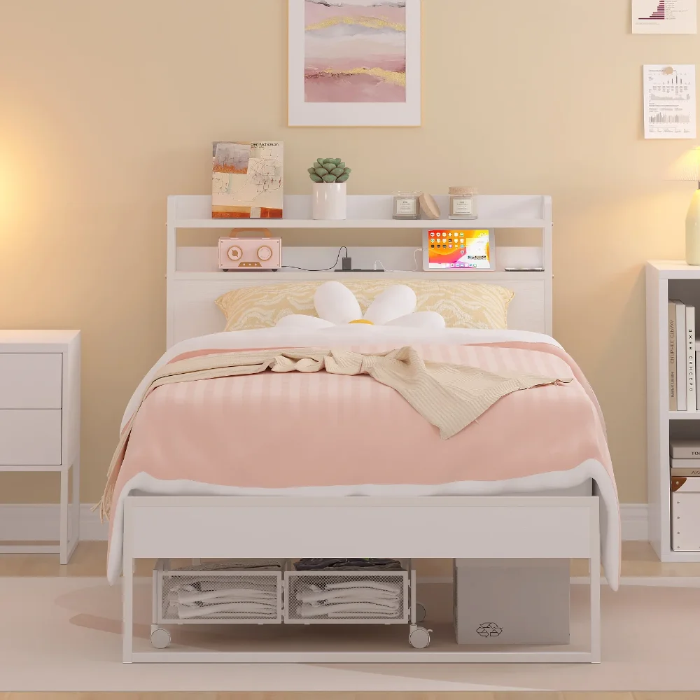 Power Outlet Twin Metal Platform Bed Frame with 2-Tier Storage Charging Station Headboard for Kids Bedroom Furniture, White
Power Outlet Twin Metal Platform Bed Frame with 2-Tier Storage Charging Station Headboard for Kids Bedroom Furniture, White