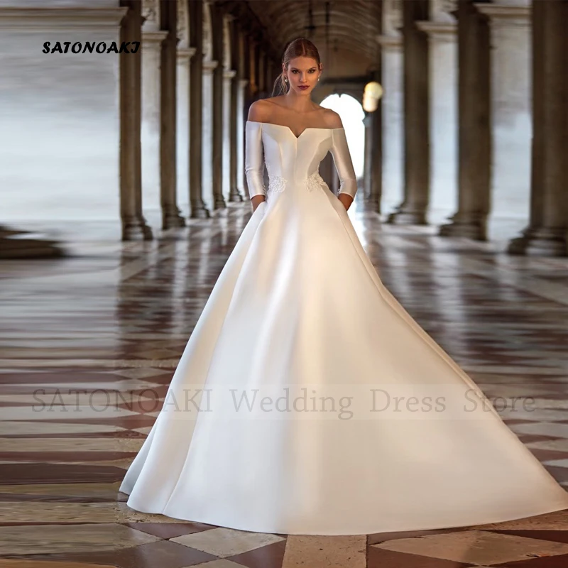 Elegant Simple Off the Shoulder Satin Wedding Dress for Women A-Line Lace Back Bride Gown with Pockets Vestido De Novia Mariée
Elegant Simple Off the Shoulder Satin Wedding Dress for Women A-Line Lace Back Bride Gown with Pockets Vestido De Novia Mariée