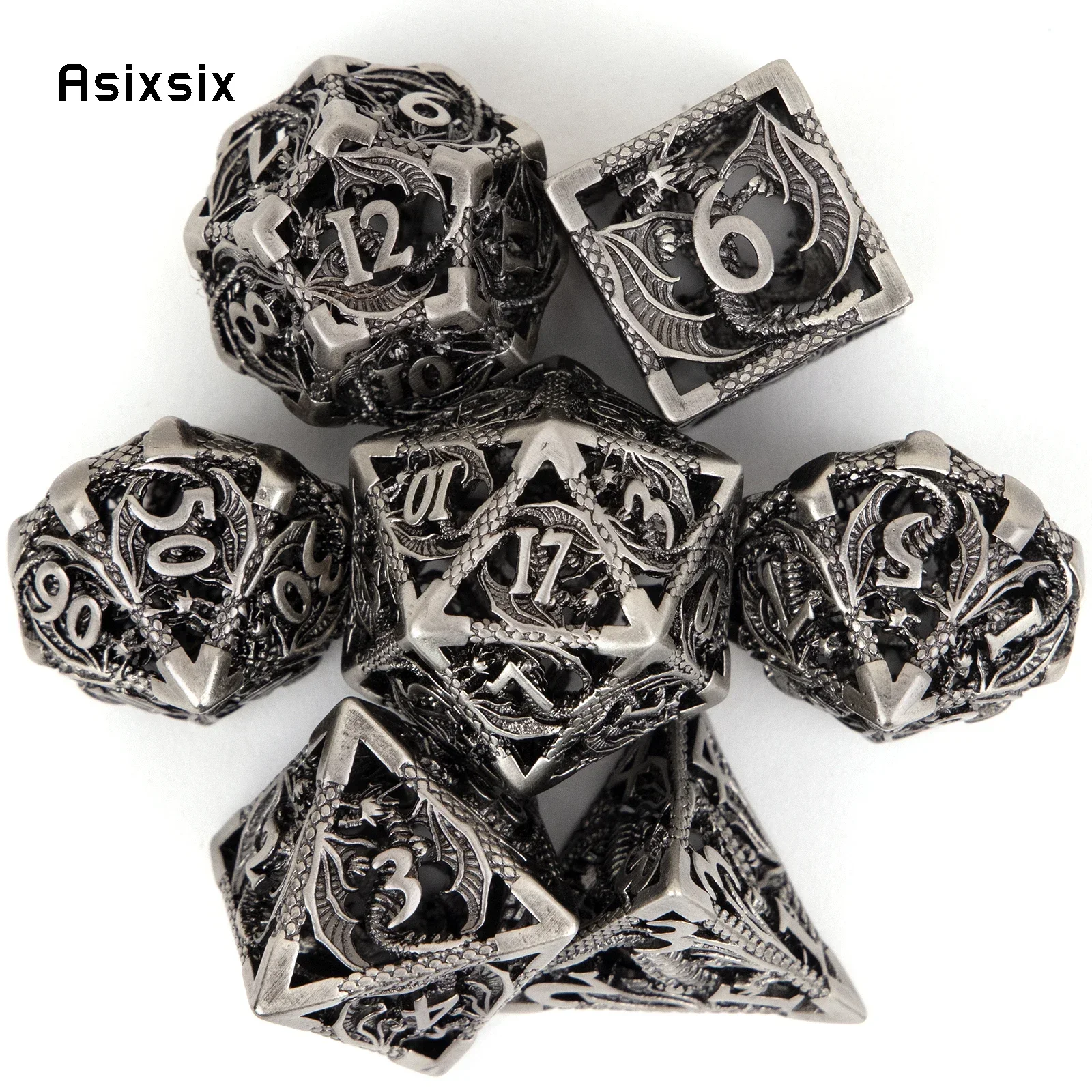 7 Pcs Silver Dragon Metal Dice Hollow Metal Polyhedral Dice Set Suitable for Role-Playing RPG Board Game Gift
7 Pcs Silver Dragon Metal Dice Hollow Metal Polyhedral Dice Set Suitable for Role-Playing RPG Board Game Gift