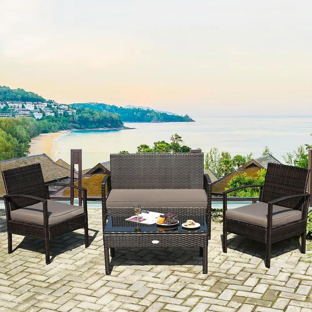 4-Piece Outdoor Wicker Patio Furniture Set with Cushions and Coffee Table, Bistro Style, Brown
4-Piece Outdoor Wicker Patio Furniture Set with Cushions and Coffee Table, Bistro Style, Brown