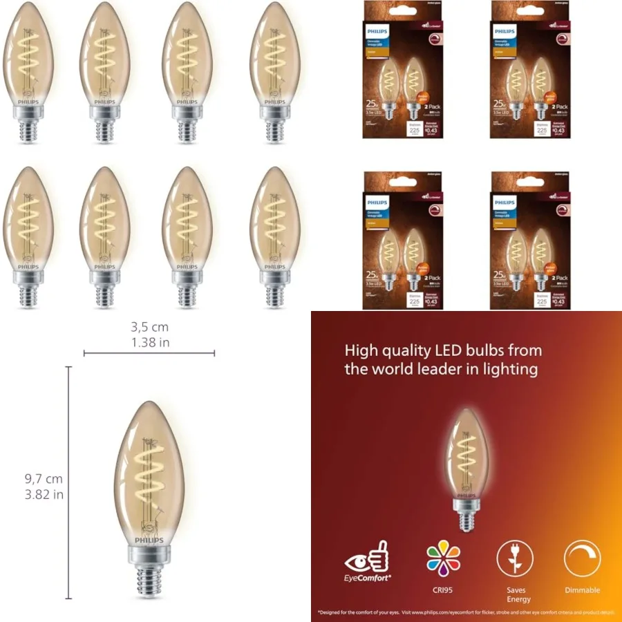 25W B11 8-Pack Vintage Edison Spiral Amber 2000K 225 Lumen (3.5W = 25W) Dimmable Flicker-Free Candelabra Light Bulbs
25W B11 8-Pack Vintage Edison Spiral Amber 2000K 225 Lumen (3.5W = 25W) Dimmable Flicker-Free Candelabra Light Bulbs