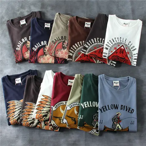2025 Summer New American Retro 250g Short Sleeve O-neck Printed T-shirt Men's Fashion 100% Cotton Washed Casual Loose Tops