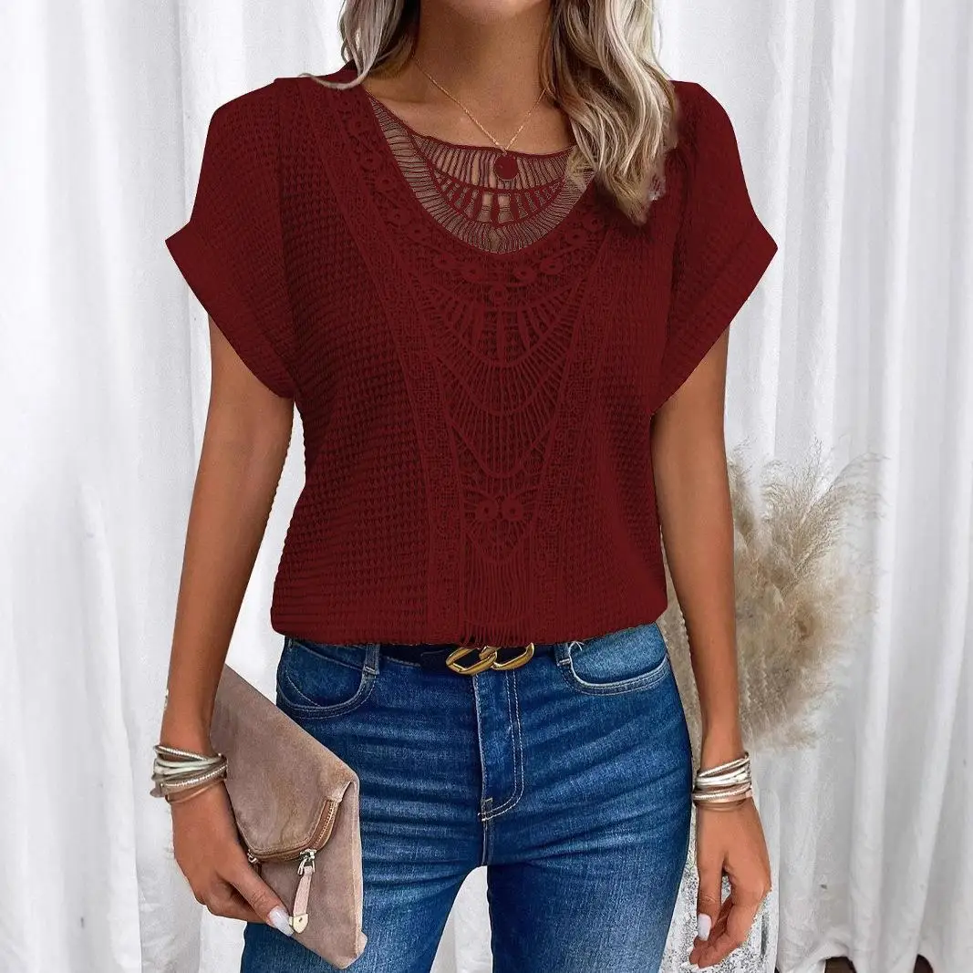 Women's Lace Patchwork ort Sve T-irt Sweet Sle Slim Fit Polyester Spandex Pure Color Casual Faion Ladies Top
Women's Lace Patchwork ort Sve T-irt Sweet Sle Slim Fit Polyester Spandex Pure Color Casual Faion Ladies Top