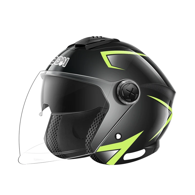 Motorcycle helmet with dual lenses; a safety helmet suitable for riding in all four seasons; a half-helmet design.
Motorcycle helmet with dual lenses; a safety helmet suitable for riding in all four seasons; a half-helmet design.