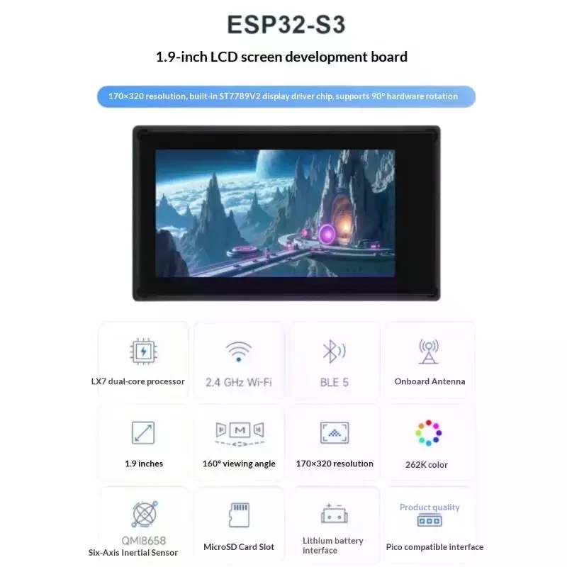 1Pcs LCD 170×320 IPS Touch Display ESP32-S3 1.9inch Module 262K Color Supports WiFi 6 & Bluetooth
1Pcs LCD 170×320 IPS Touch Display ESP32-S3 1.9inch Module 262K Color Supports WiFi 6 & Bluetooth