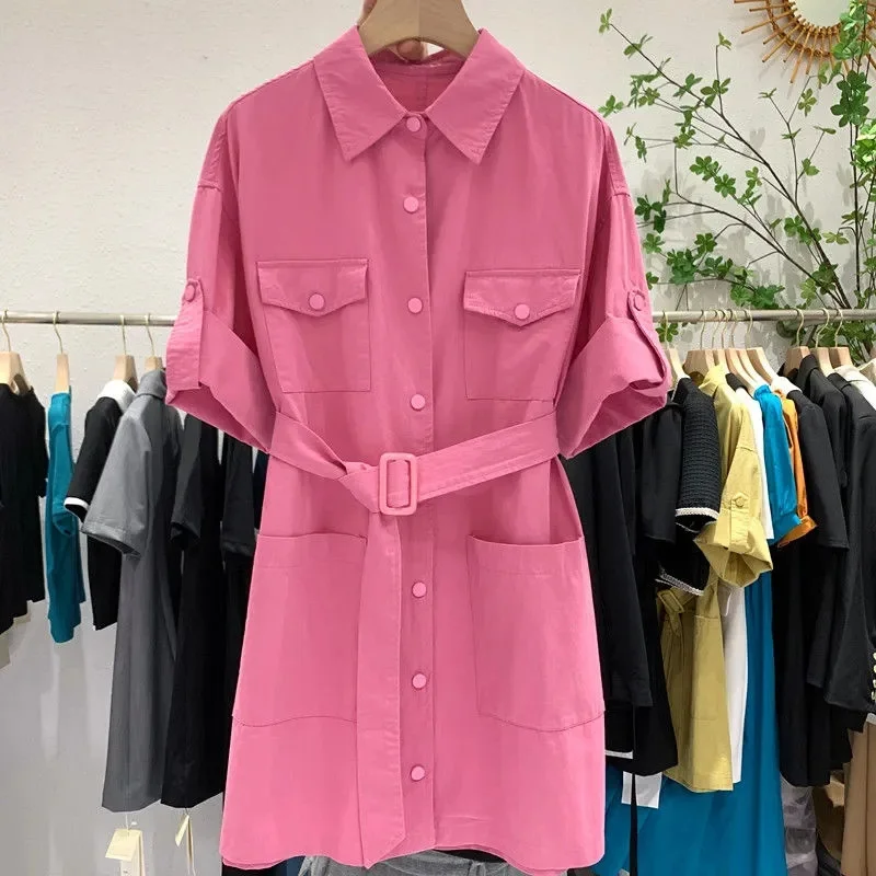 2023 Women Summer Cotton Dress Short-sleeve Solid Color Single-breasted Short Dress Belt Slim Safari Style Casual Straight Dress
2023 Women Summer Cotton Dress Short-sleeve Solid Color Single-breasted Short Dress Belt Slim Safari Style Casual Straight Dress