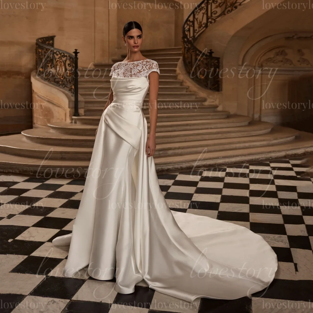 Classic Elegant Customized Wedding Dresses Satin Cap Sleeves Bride Robe Mermaid Lace Bridal Gowns Vestidos De Noiva
Classic Elegant Customized Wedding Dresses Satin Cap Sleeves Bride Robe Mermaid Lace Bridal Gowns Vestidos De Noiva