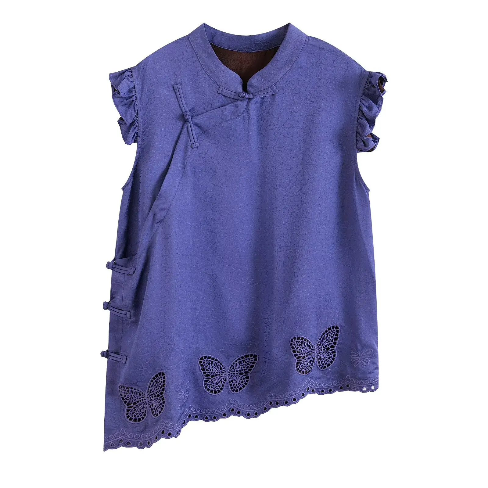 New Chinese style hollow stand collar slanted collar design small flying sleeve top new beautiful shirt in summer
New Chinese style hollow stand collar slanted collar design small flying sleeve top new beautiful shirt in summer