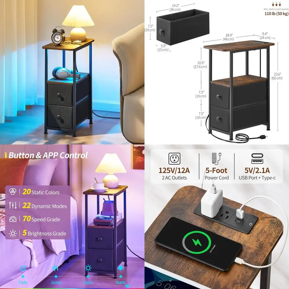 Компактный прикроватный столик с зарядной станцией, тумбочка с LED-подсветкой для спальни или гостиной, узкий приставной столик в деревенском стиле, цвет коричневый.
Компактный прикроватный столик с зарядной станцией, тумбочка с LED-подсветкой для спальни или гостиной, узкий приставной столик в деревенском стиле, цвет коричневый.