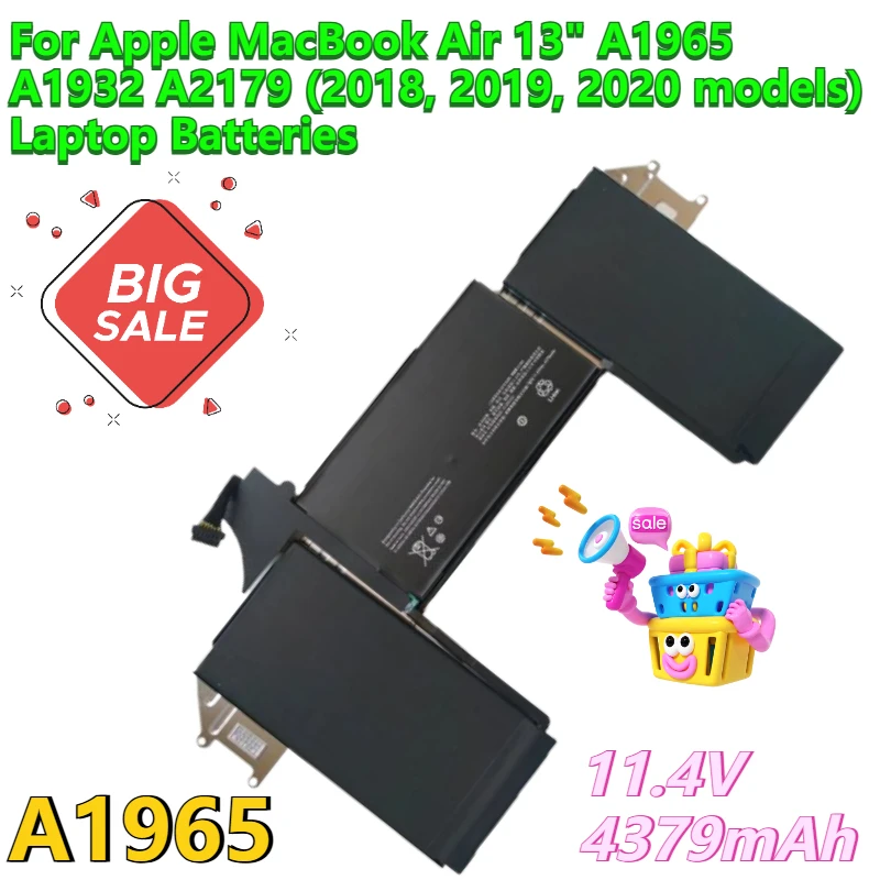 11.4V 4379mAh for Apple MacBook Air 13" A1965 A1932 A2179 (2018, 2019, 2020 models) Laptop Batteries
11.4V 4379mAh for Apple MacBook Air 13" A1965 A1932 A2179 (2018, 2019, 2020 models) Laptop Batteries