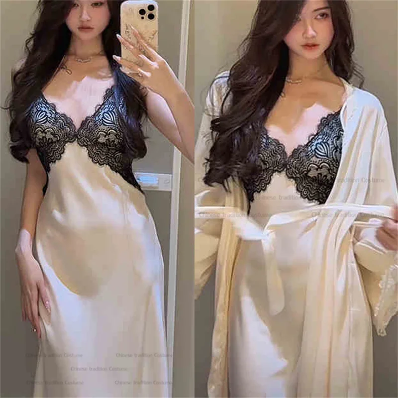 Backless Nightgown Set Women Bride Wedding Dress Suit Long Kimono Nightwear Lady Satin Loungewear Loose Lace Trim Lingerie
Backless Nightgown Set Women Bride Wedding Dress Suit Long Kimono Nightwear Lady Satin Loungewear Loose Lace Trim Lingerie