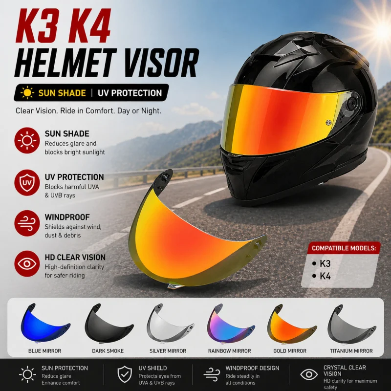 K3 K4 Helmet Visor for Full Face K3/K4, Electroplated Lens, Day & Night, UV Protection Sunshade, Anti-Glare Windproof Shield
K3 K4 Helmet Visor for Full Face K3/K4, Electroplated Lens, Day & Night, UV Protection Sunshade, Anti-Glare Windproof Shield