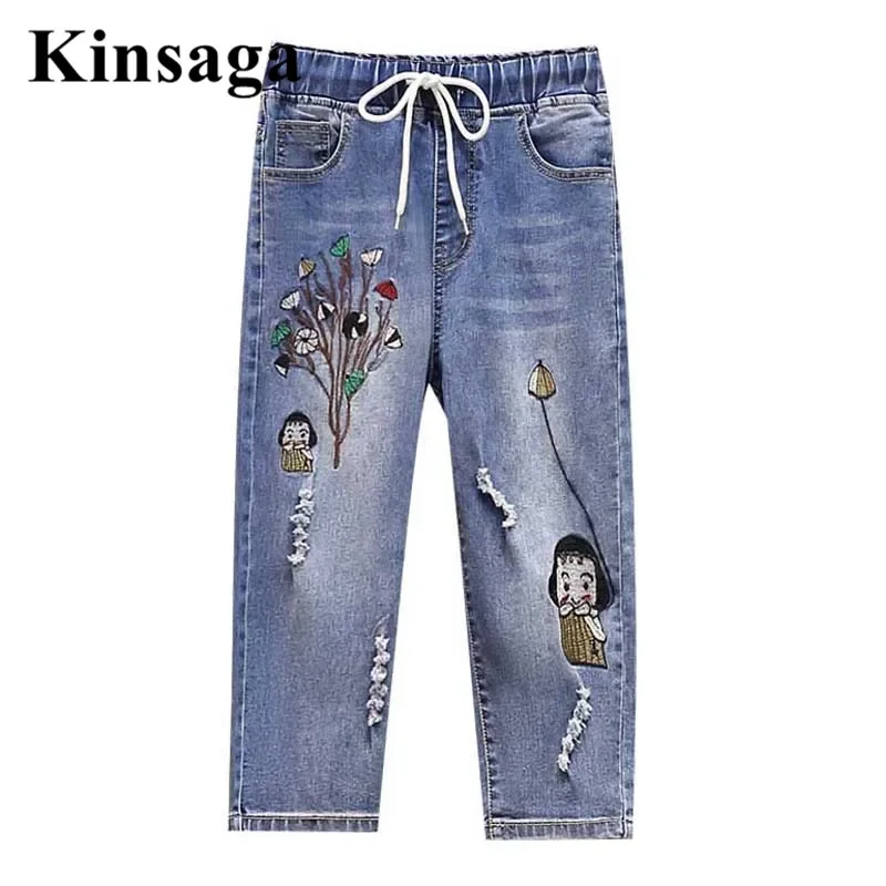 Women Elastic Waist Cartoon Embroidery Stretchy Skinny Denim Breeches 4XL Summer Sexy Distressed Ripped Crop Pants Capri Jeans
Women Elastic Waist Cartoon Embroidery Stretchy Skinny Denim Breeches 4XL Summer Sexy Distressed Ripped Crop Pants Capri Jeans