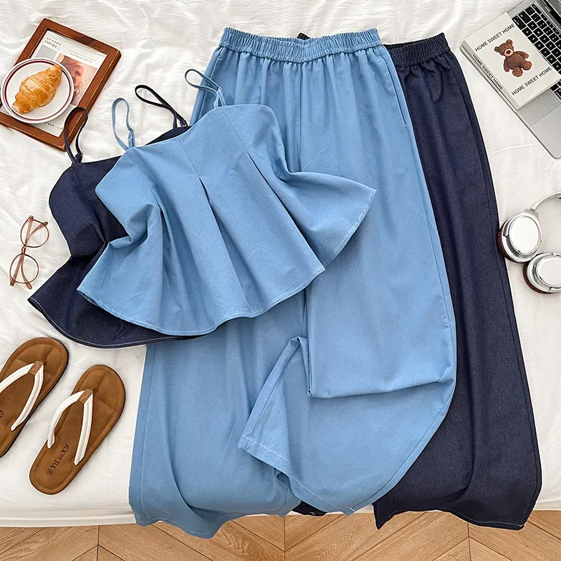 Fashion Women Pants Sets Simple Retro Sleeveless Pleated Camisole Tops+Elastic Waist Straight Trousers Solid Casual Lady Outfits
Fashion Women Pants Sets Simple Retro Sleeveless Pleated Camisole Tops+Elastic Waist Straight Trousers Solid Casual Lady Outfits