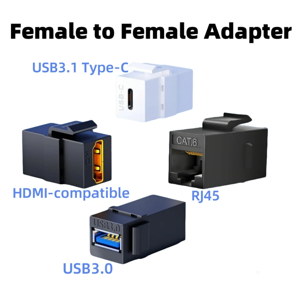 Female to Female Keystone Jack Adapter USB 3.0, USB3.1 Type C, RJ45, 4K HDMI-Compatible Snap-in Connectors for Wall Plate Panel
Female to Female Keystone Jack Adapter USB 3.0, USB3.1 Type C, RJ45, 4K HDMI-Compatible Snap-in Connectors for Wall Plate Panel
