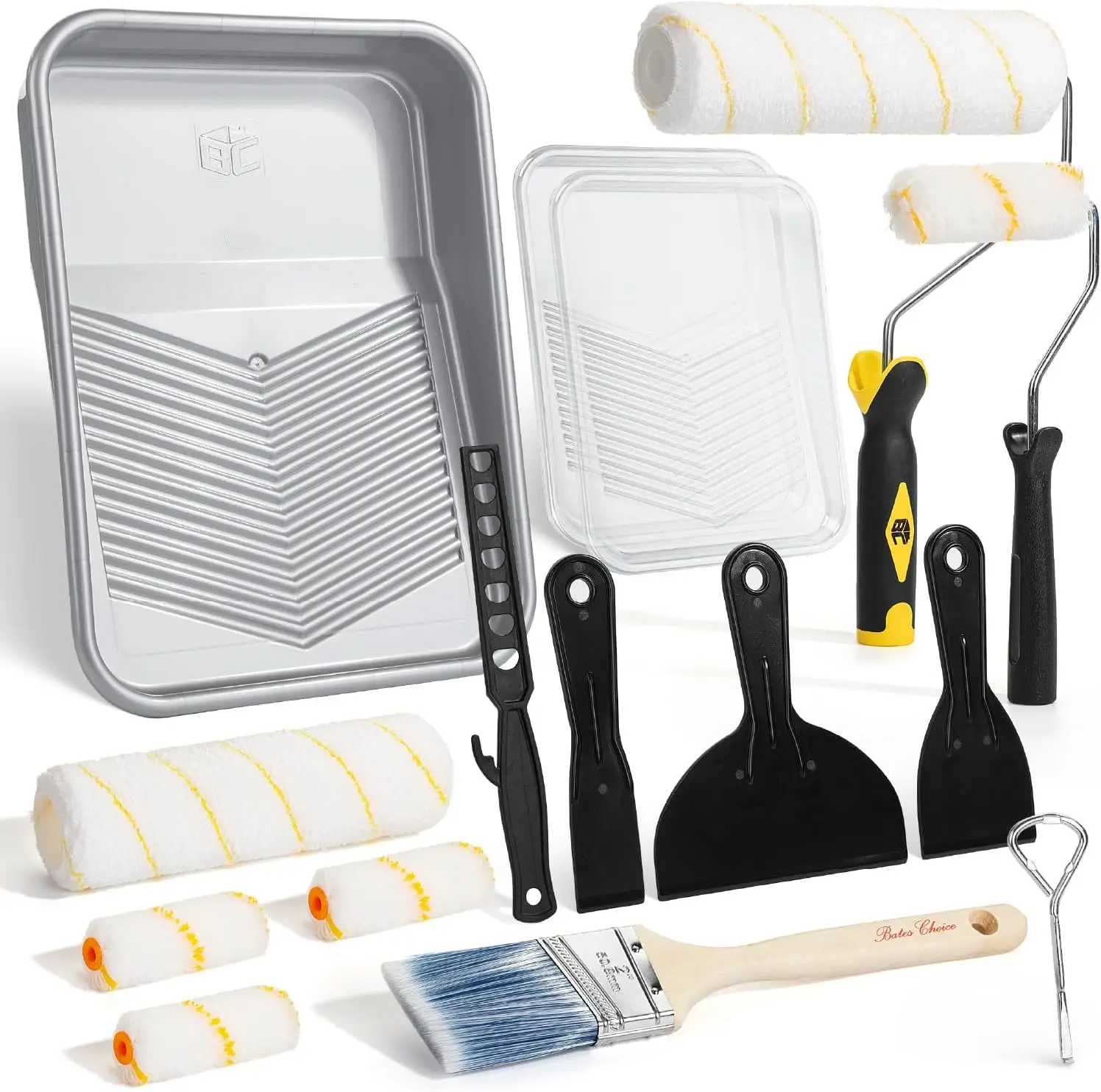 17pcs Paint Roller Kit with Plastic Tray, Disposable Liners, 4" & 9" Rollers, Brush, Scrapers, Can Opener, Stirring Rod for Home
17pcs Paint Roller Kit with Plastic Tray, Disposable Liners, 4" & 9" Rollers, Brush, Scrapers, Can Opener, Stirring Rod for Home