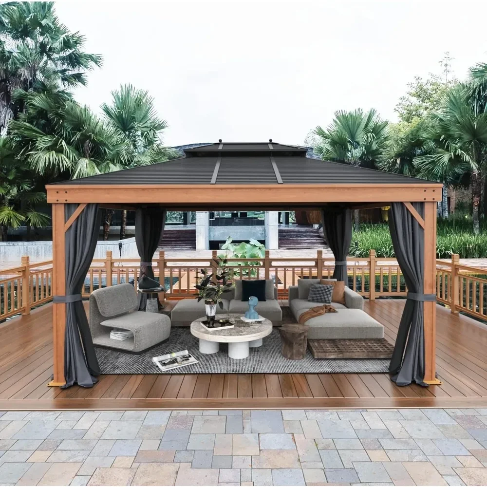 12' x 14' Outdoor Gazebo, Faux Wood Grain Metal Gazebo, Galvanized Steel Double Roof, with Netting and Curtains, Outdoor Gazebo
12' x 14' Outdoor Gazebo, Faux Wood Grain Metal Gazebo, Galvanized Steel Double Roof, with Netting and Curtains, Outdoor Gazebo