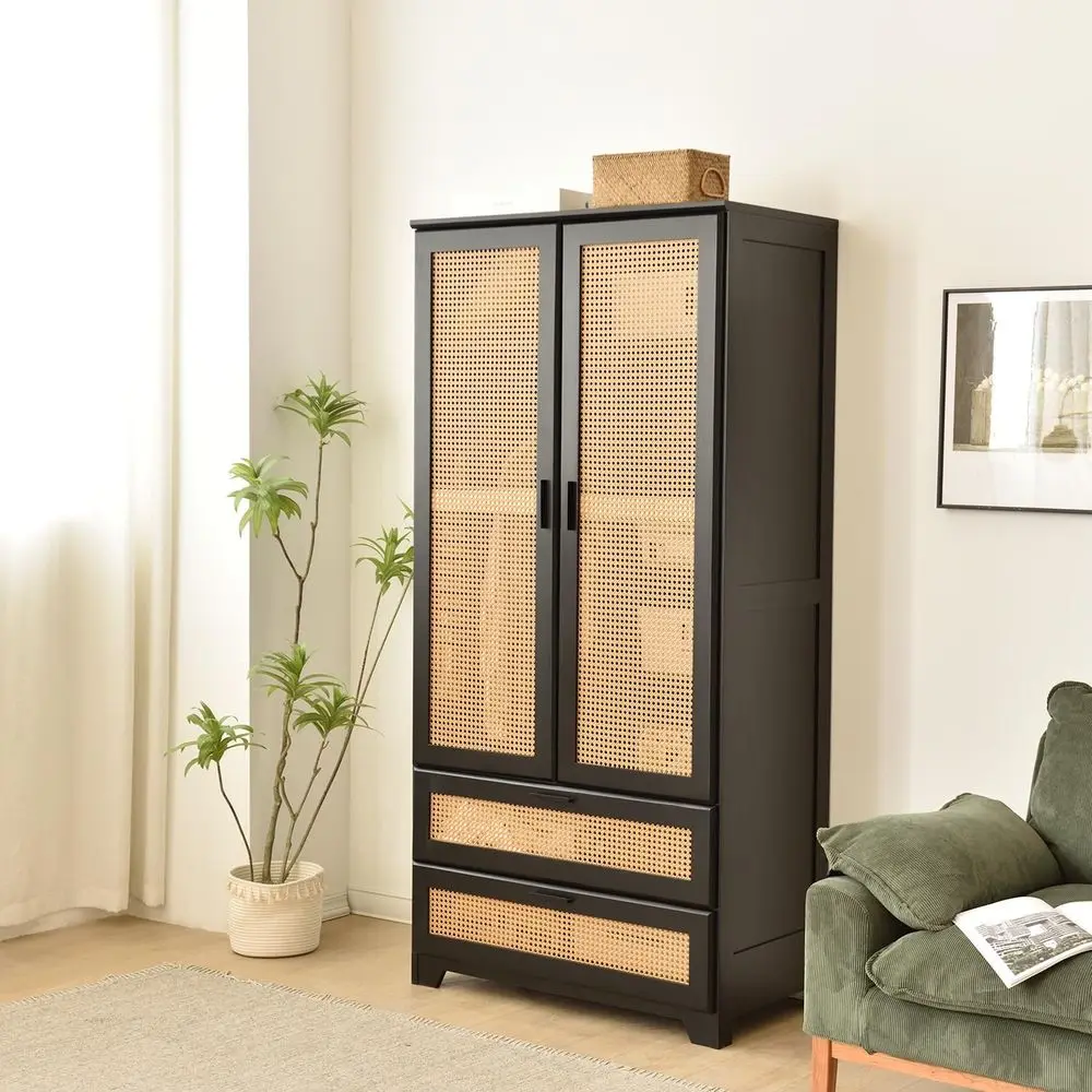 Black Pine Wood Closet with Rattan Door and Two Drawers
Black Pine Wood Closet with Rattan Door and Two Drawers