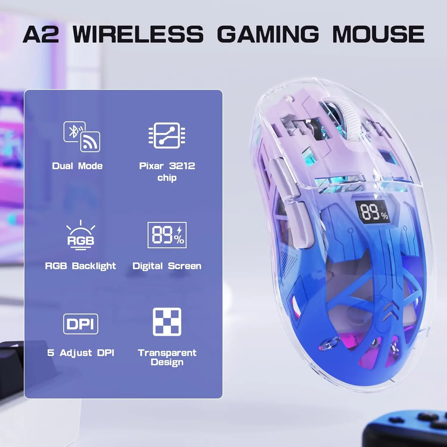 A2 Transparent Wireless Gaming Mouse, BT 5.0/2.4G PC Rechargeable RGB Mice with Digital Screen,PixArt 3212, 5 Adjustable DPI
A2 Transparent Wireless Gaming Mouse, BT 5.0/2.4G PC Rechargeable RGB Mice with Digital Screen,PixArt 3212, 5 Adjustable DPI