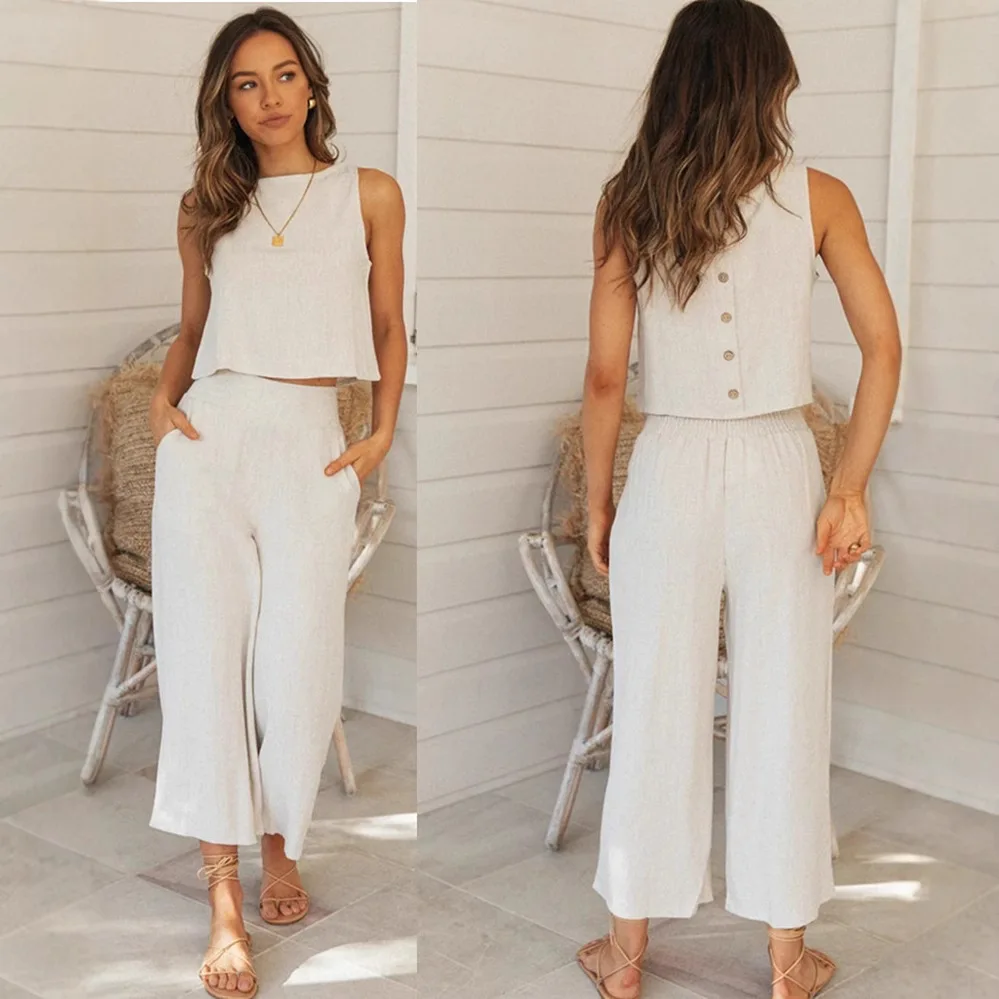 Fashionable Women Solid color Top 2-piece Set New Elegant Casual Round Neck Sleeveles Trousers Suit For Women Office Holiday Set
Fashionable Women Solid color Top 2-piece Set New Elegant Casual Round Neck Sleeveles Trousers Suit For Women Office Holiday Set