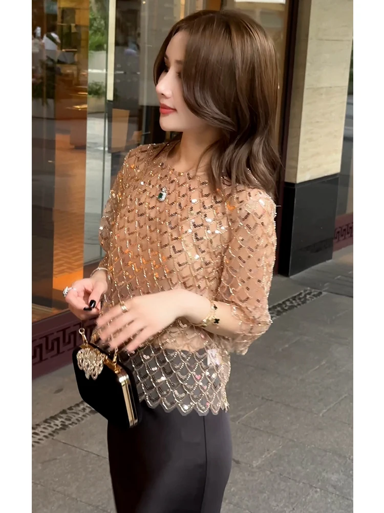 Black Gold Party Short Sleeve Women's T-shirt Summer New Style Elegant Half Sleeve Beaded Beautiful Short Small Top
Black Gold Party Short Sleeve Women's T-shirt Summer New Style Elegant Half Sleeve Beaded Beautiful Short Small Top