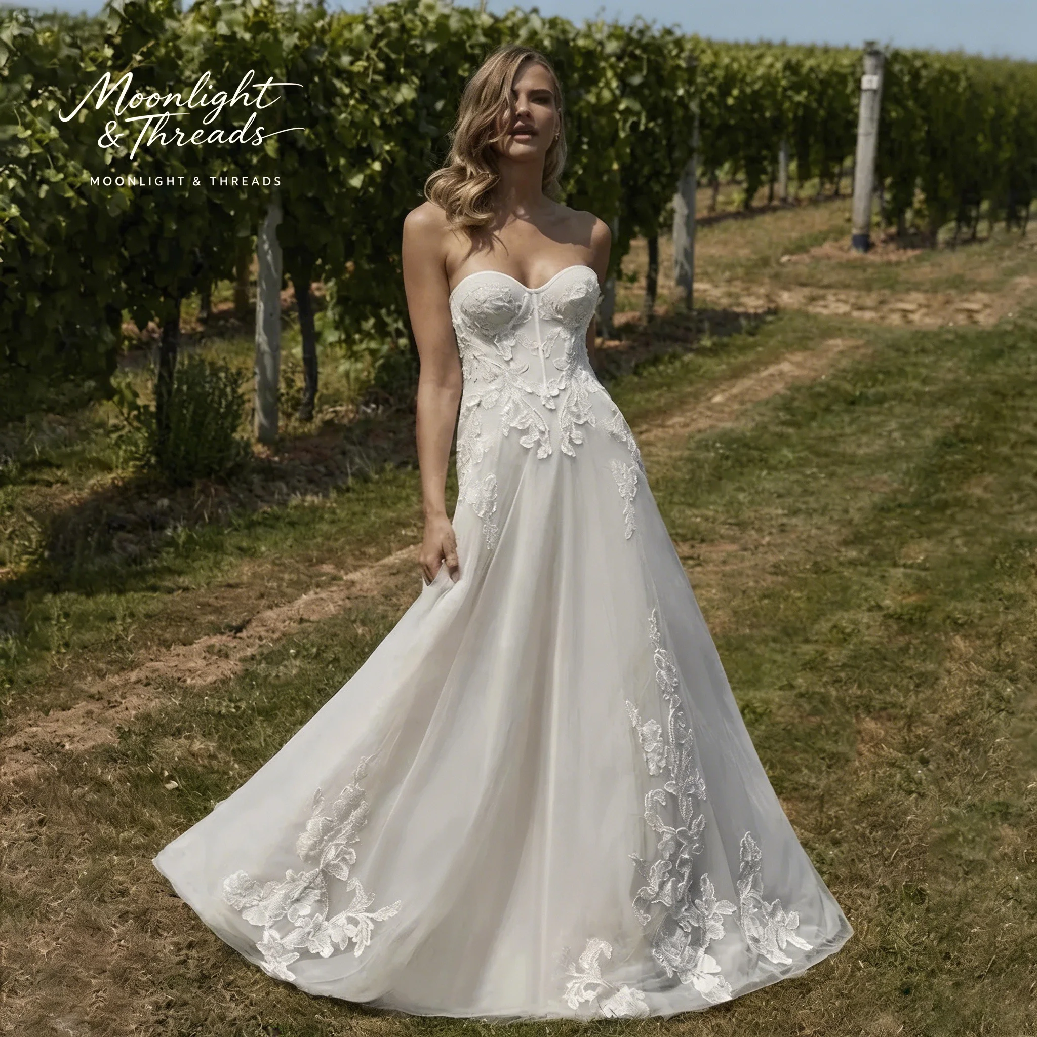 White strapless sleeveless formal wedding gown featuring an open back appliqué embroidery and a floor-length voluminous skirt
White strapless sleeveless formal wedding gown featuring an open back appliqué embroidery and a floor-length voluminous skirt